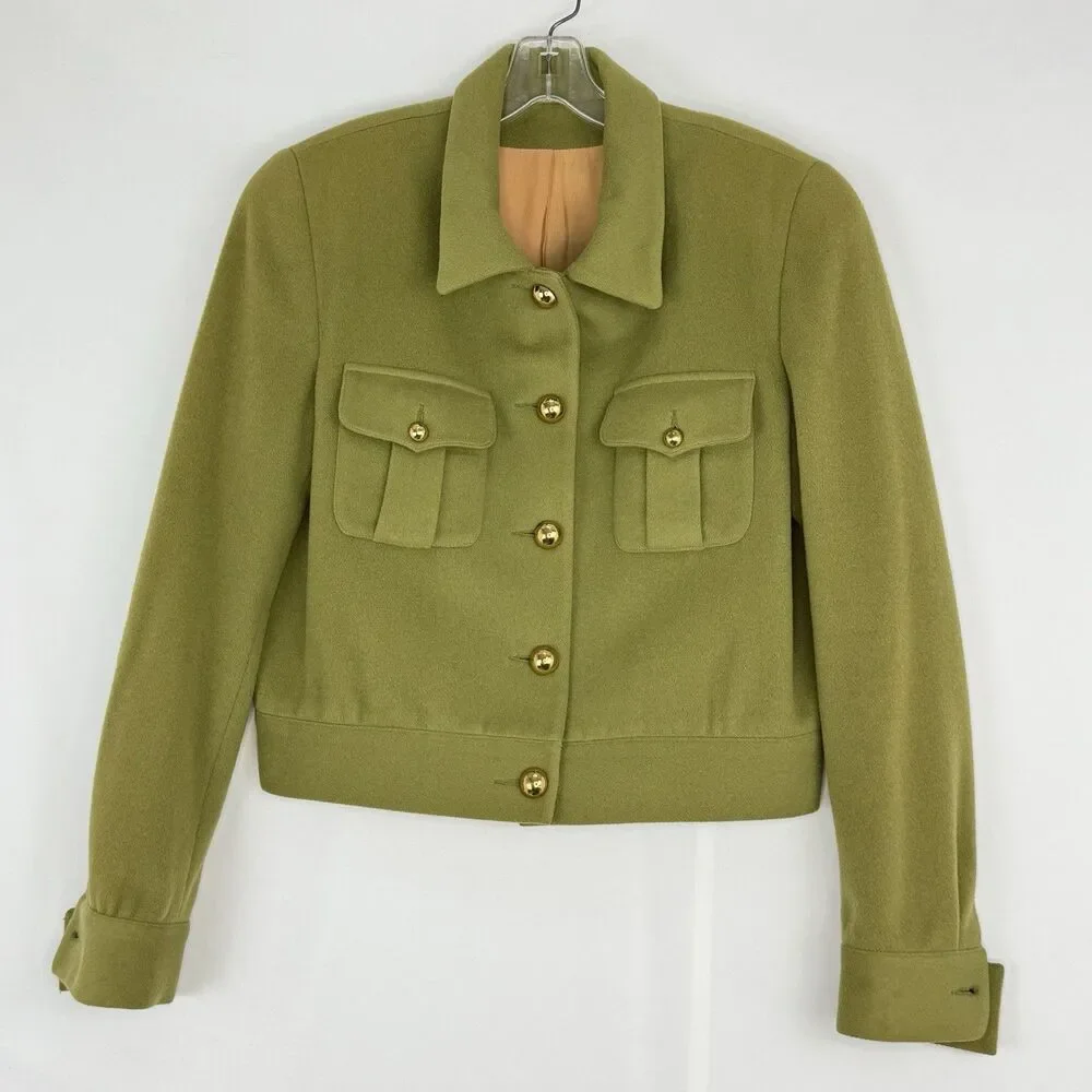 Vintage Olive Green Wool Blend Cropped Jacket Women’s Sz 8 Gold Button Military - Picture 1 of 16